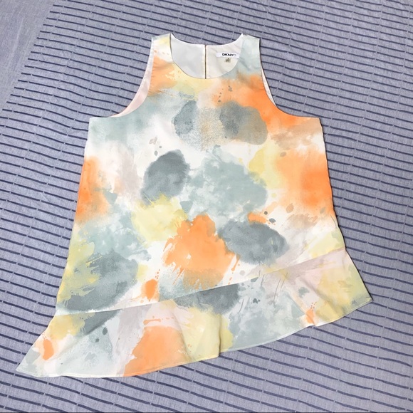 DKNY WATERCOLOR ASYMMETRICAL RUFFLE TOP - Picture 1 of 7